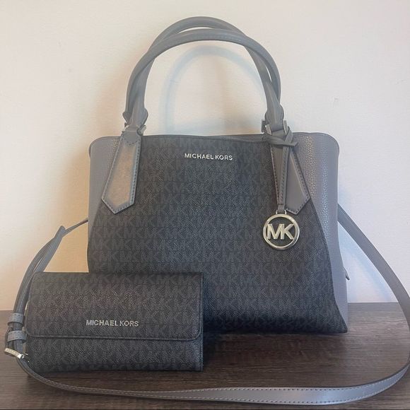 Michael Kors Handbags - Michael Kors Kimberly Satchel w Matching Wallet (Set) in Black/Gray